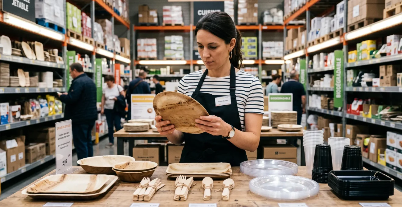 Un acheteur examine un échantillon d'assiette compostable dans un showroom.