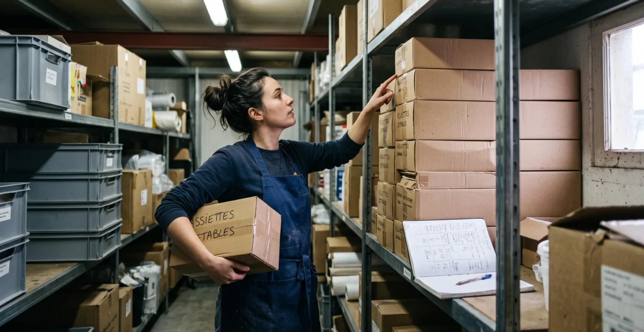 Un salarié vérifie les cartons de vaisselle jetable stockés sur des étagères.