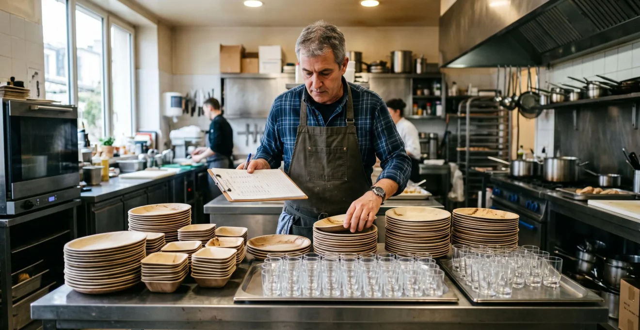 Un traiteur compte des piles d'assiettes jetables et de verrines sur un plan de travail.