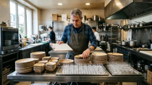Un traiteur compte des piles d'assiettes jetables et de verrines sur un plan de travail.