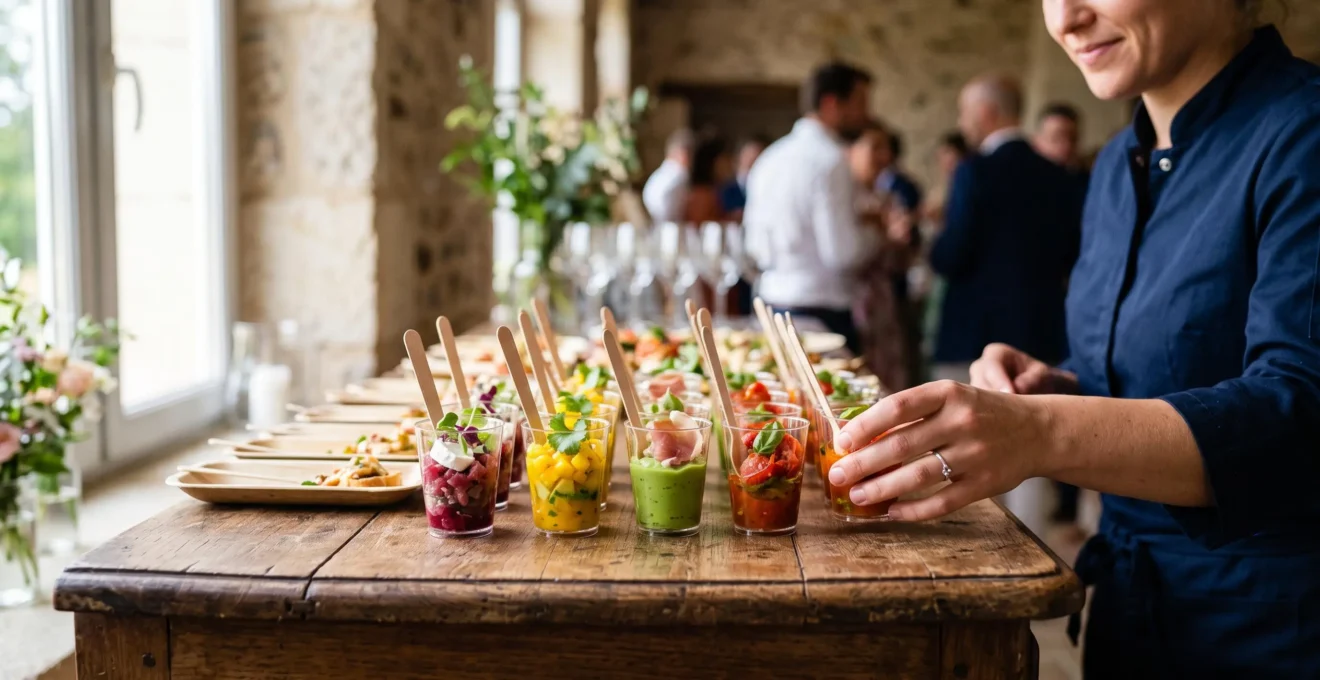Des verrines de mises en bouche alignées sur un buffet lors d'un cocktail.